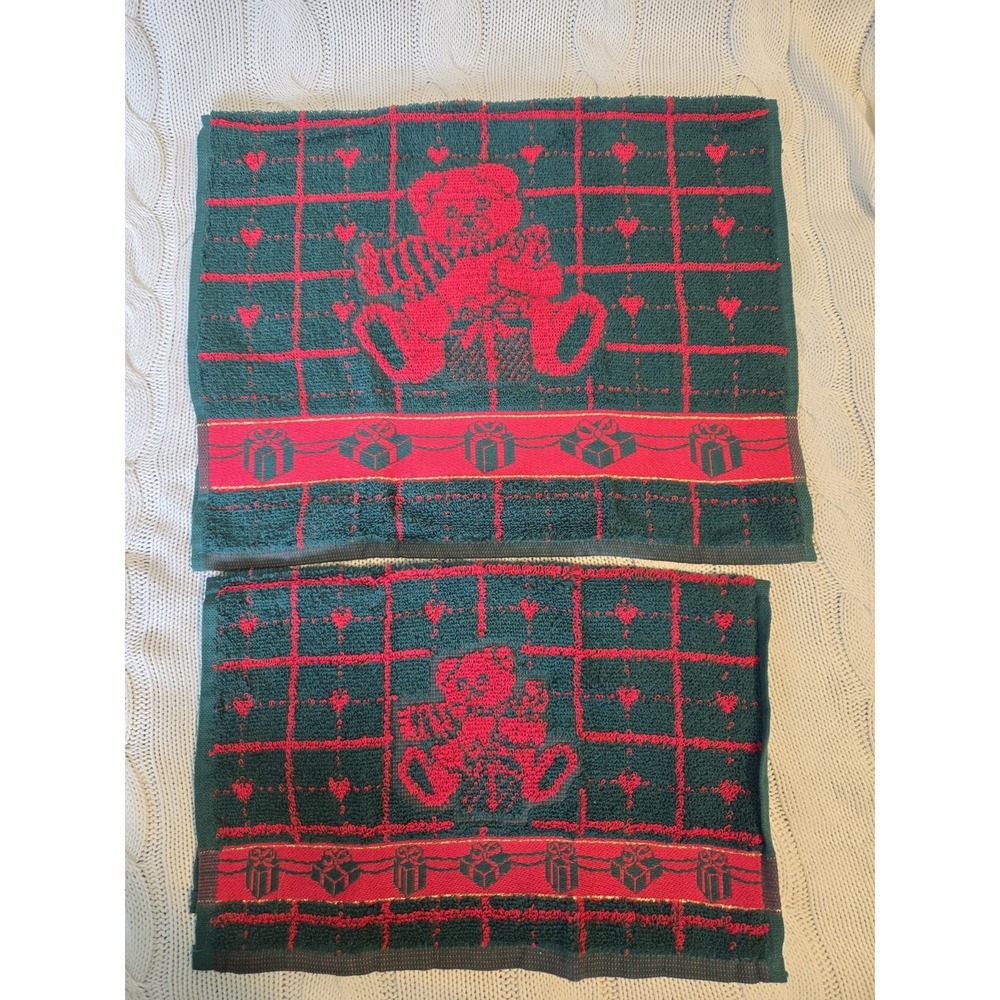 Vintage Christmas Teddy Bear Guest Towel & Hand Towel Set Red Green Cotton Decor